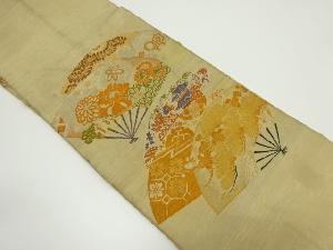 アンティーク　扇面に屋敷・草花模様織り出し名古屋帯（材料）